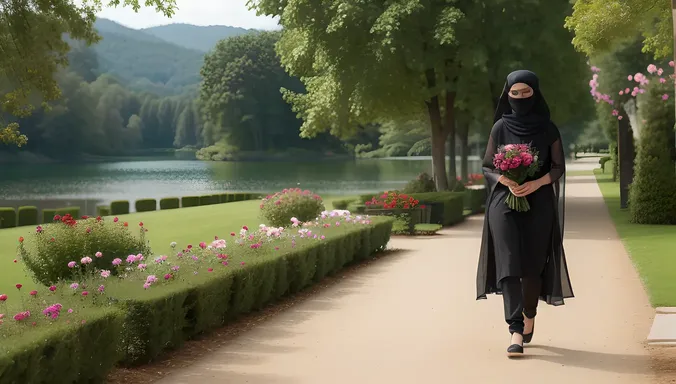Serene Niqab-Covered Girl Walks in Garden with Flowers and Lake