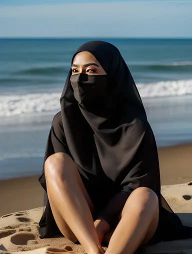 Serene Niqab Girl Enjoys Ocean View