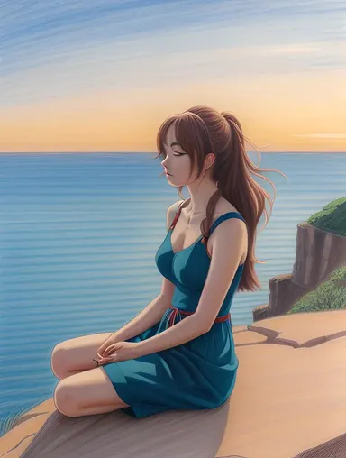 Serene Nude Anime: Young Woman on Cliff Overlooking Ocean Sunset