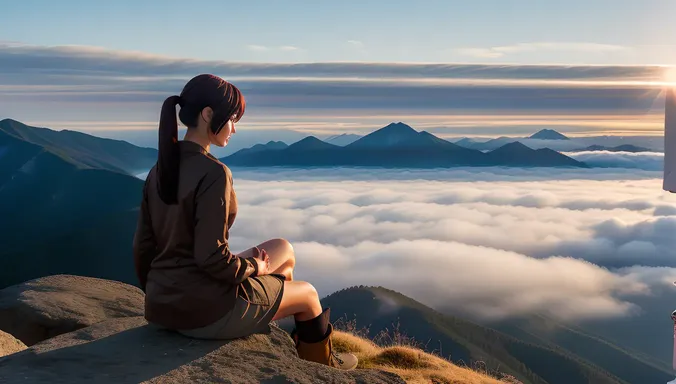 Serene Nude Anime Figure on Mountain Peak at Sunrise