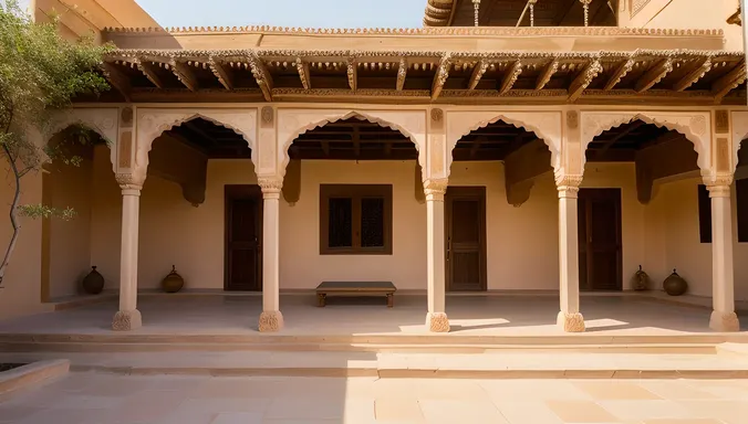 Serene Rajasthani Haveli with Lush Greenery and Blue Sky