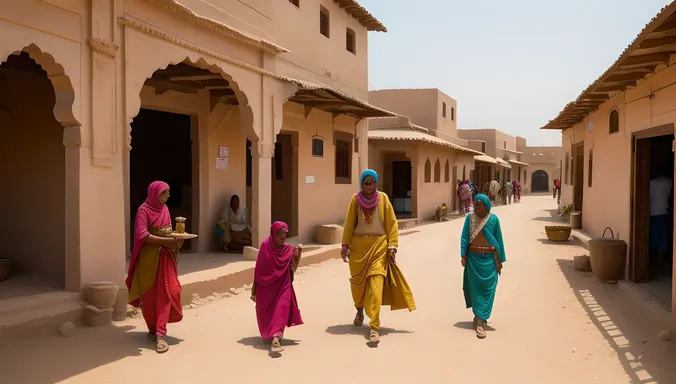 Serene Rajasthani Village with Colorful Clothing and Children