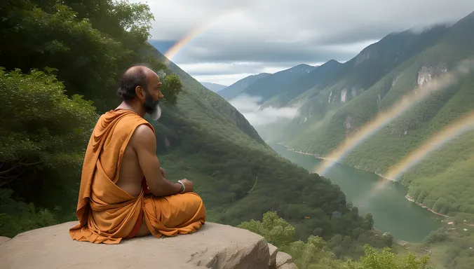 Serene Sadhu Overlooks Misty Valley with Rainbow Background