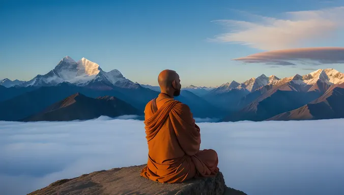 Serene Sadhu at Sunrise on Himalayan Mountain Peak