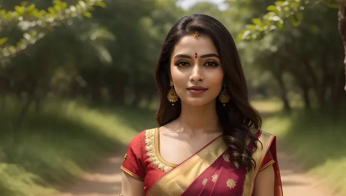 Serene Satyabhama Amidst Lush Green Forest with Golden Hair.
