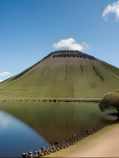 Serene Scene of Extinct Volcano with Tranquil Lake and Wildlife