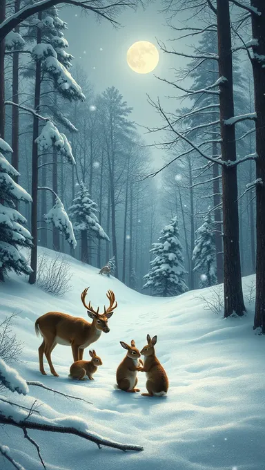 Serene Snow-Covered Forest with Huddled Deer and Rabbits