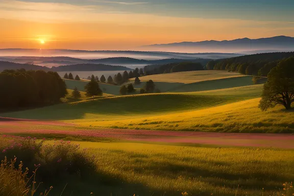Serene Sunset Meadow with Yyyyyy Wildflowers
