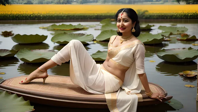 Serene Vyjayanthimala on Lotus Flower with White Sari