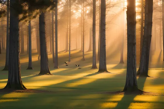 Serene forest landscape with gentle wind and soft light zzzzzz.
