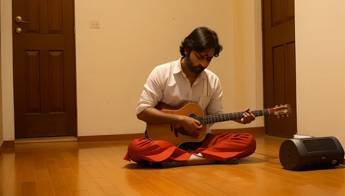 Serious Musician Plays Mridangam on Floor