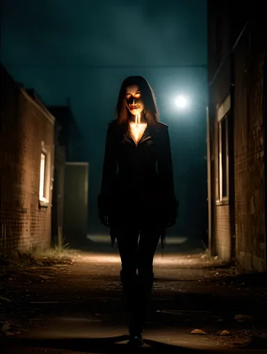 Shadowy Female Vampire in Dark Alleyway