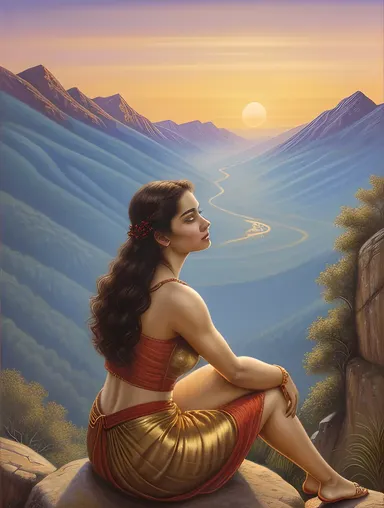 Shakuntala's Romantic Mountain Gaze in Golden Light Images