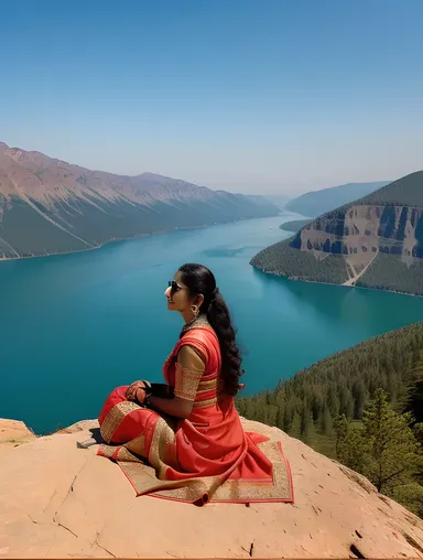 Sharmila Contemplative on Serene Lake Cliffside