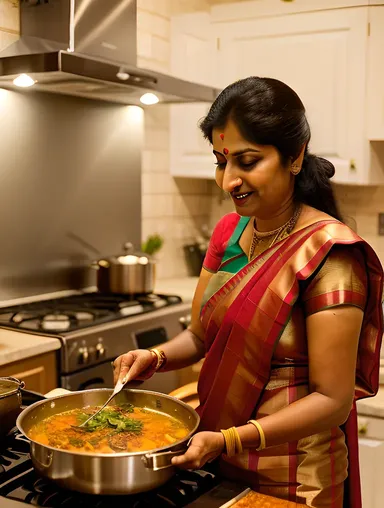 Sharmila Cooking Traditional Indian Dish in Cozy Kitchen