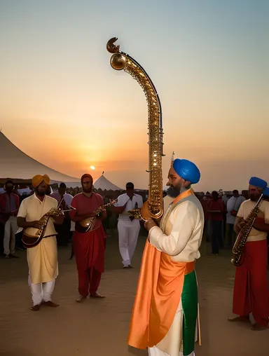 Shehnai Player Entertains Crowd at Cultural Festival Sunset