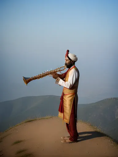 Shehnai Player Overlooks Breathtaking Landscape with Instrument