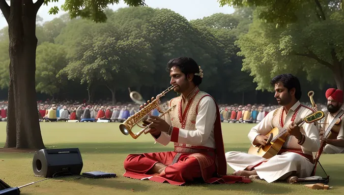 Shehnai Player Performs at Outdoor Concert Under Trees