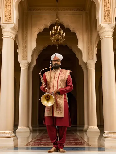Shehnai Player Performs in Front of Grand Architectural Backdrop