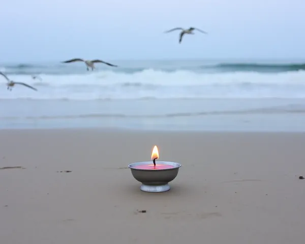 Shradhanjali Candle on Beach with Waves and Seagulls Flying High