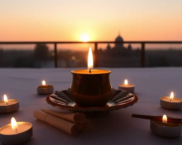 Shradhanjali Candle on Indian Diya with Sunset Background and Serenity