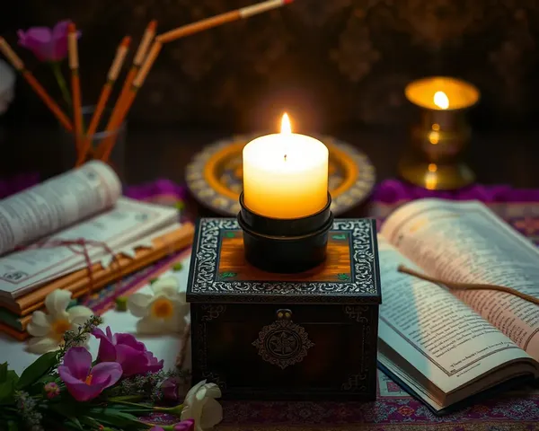 Shradhanjali Candle on Wooden Box with Flowers and Sacred Texts