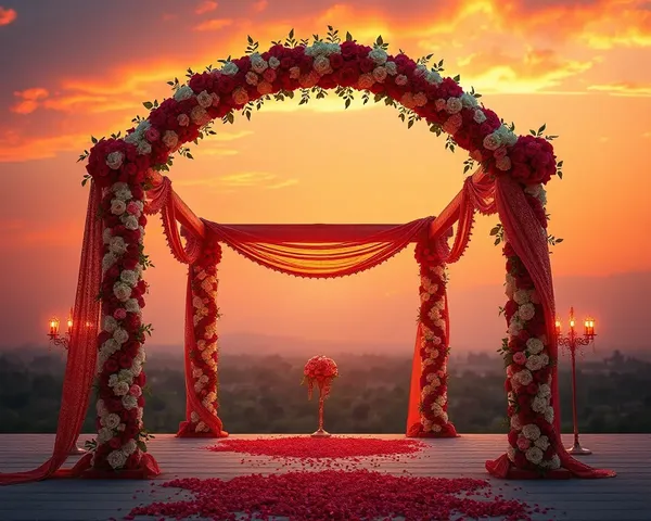 Shradhanjali Flower-Adorned Wedding Archway with Sunset Background PNG