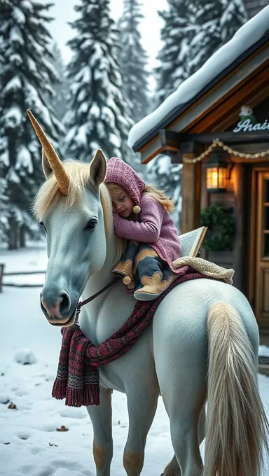 Shy Girl Snuggles on Unicorn in Cozy Cabin Scene