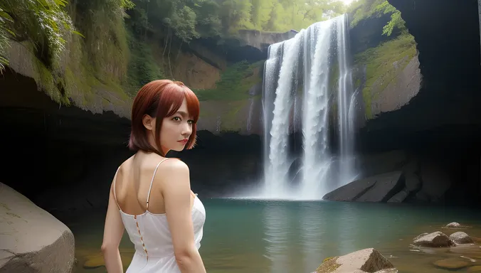Shy Nude Anime Girl Hides Behind Waterfall
