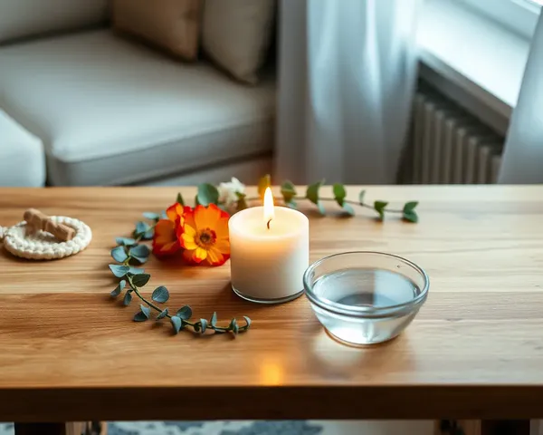 Simple Shradhanjali Candle on Wooden Table with Fresh Flowers and Water