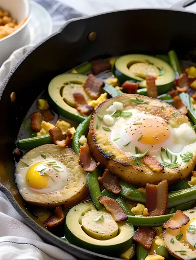 Sizzling Hot Skillet with Scrambled Eggs and Bacon