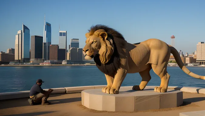 Skilled Craftsmen Complete Mythical Creature Stone Carving with City Skyline