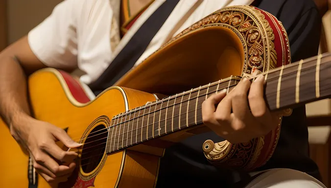 Skilled Musician Plays Intricate Veena Instrument with Ornate Carvings