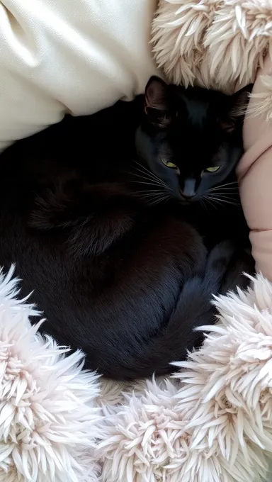 Sleek Black Cat Surrounded by Fluffy Pillows