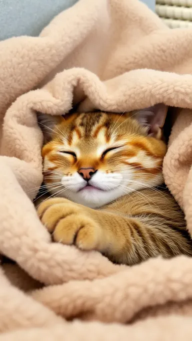 Sleepy Cat Snuggled Up in Cozy Blanket