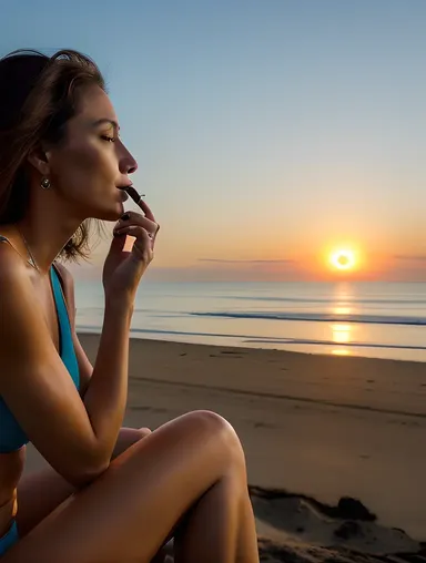 Smoking Girl's Sunset Ocean View Beach Scene