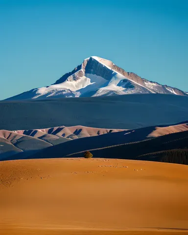 Snow-Covered Mountain Peak with Lone Tree at Summit