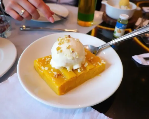 Soan Papdi with Vanilla Ice Cream and Chopped Nuts.