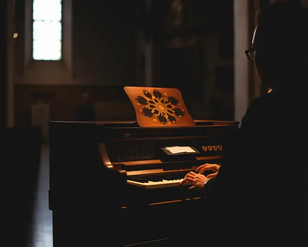 Solo Musician Plays Harmonium in Dimly Lit Church