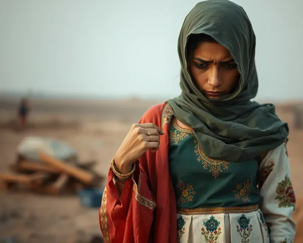Sorrowful Punjabi Woman with Torn Fabric and Desolate Landscape