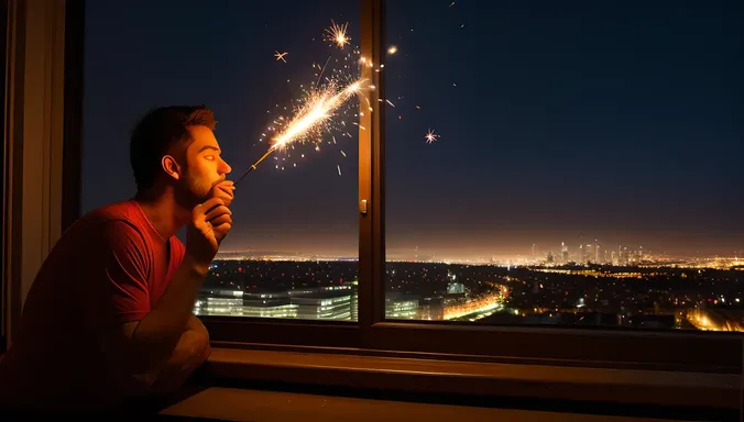 Sparkler Illuminates Face and Cityscape