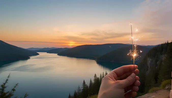 Sparkler and Lake Sunset Cliffside Moment