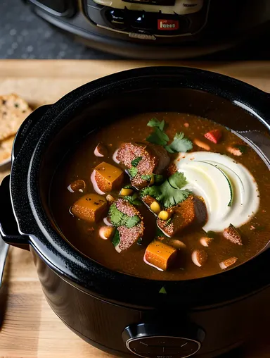 Spicy Chili in a Crockpot with Dark and Stormy Background