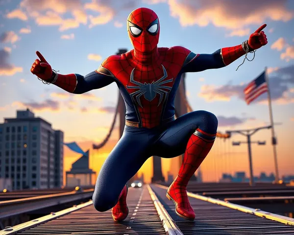 Spider-Man Iconic Brooklyn Bridge Pose with Sunset Backdrop PNG