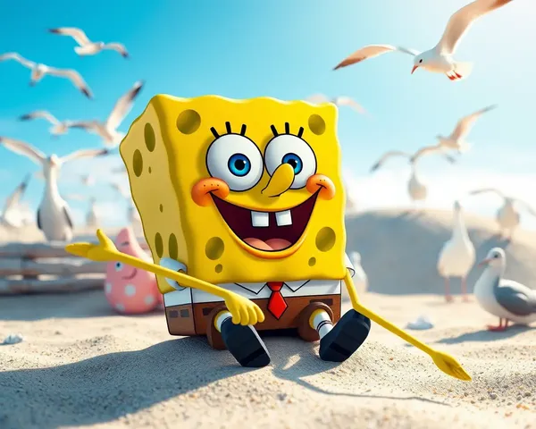 SpongeBob Beach Scene with Seagulls and Bright Blue Sky
