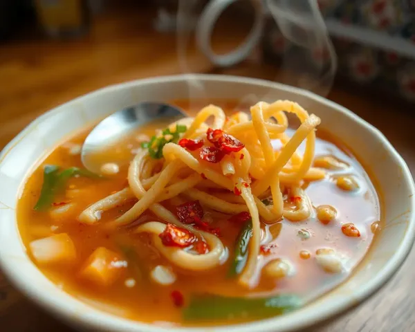 Steaming Hot Manchow Soup with Fried Noodles and Chili Flakes