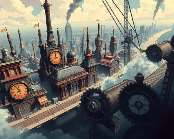Steampunk City with Gears and Clockwork Machinery Retro Anime Wallpaper