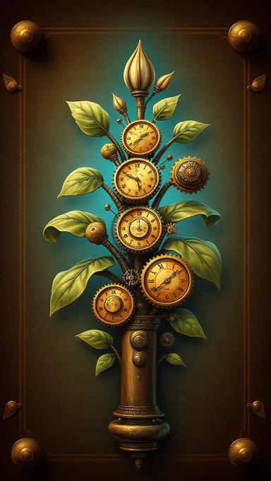 Steampunk Clockwork Plant with Soft Blue Glow