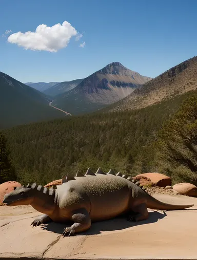 Stegosaurus Basks in Warm Sun on Rocky Outcropping