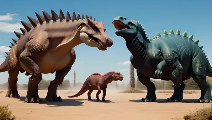 Stegosaurus Faces Off Against Fierce Tyrannosaurus Rex with Defiant Posture